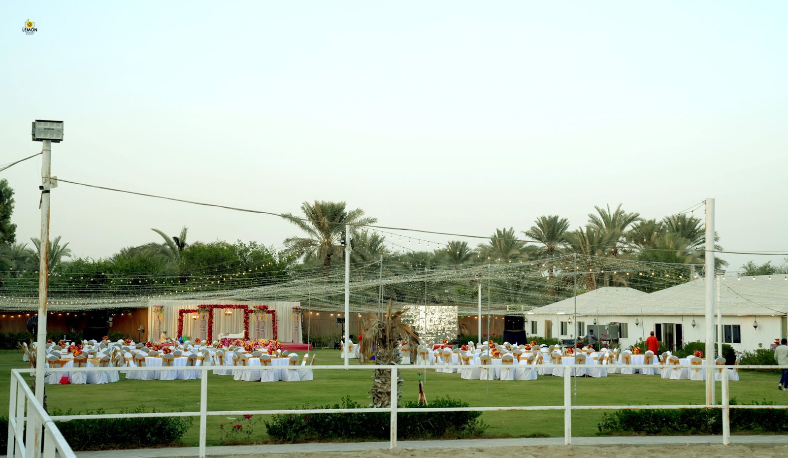 Elegant outdoor wedding setup at Aashiyana The Farm, Dubai