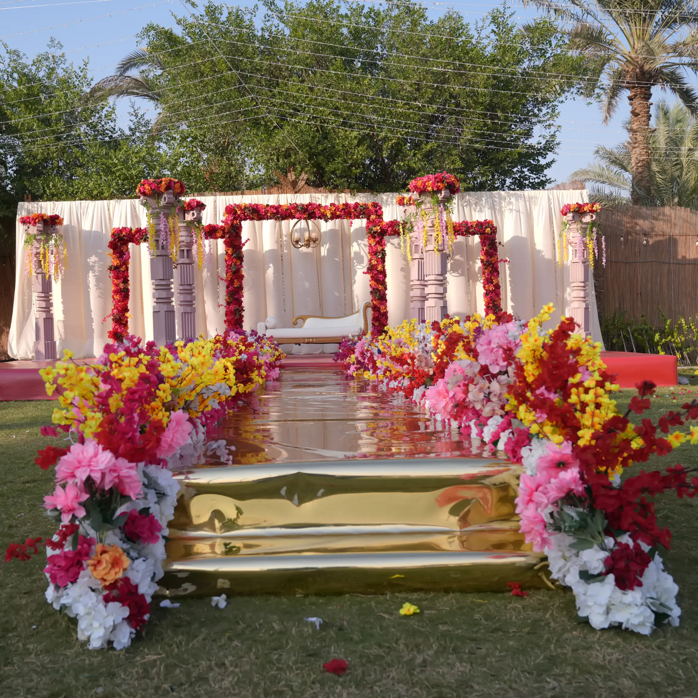 Outdoor farm wedding stage setup in Dubai