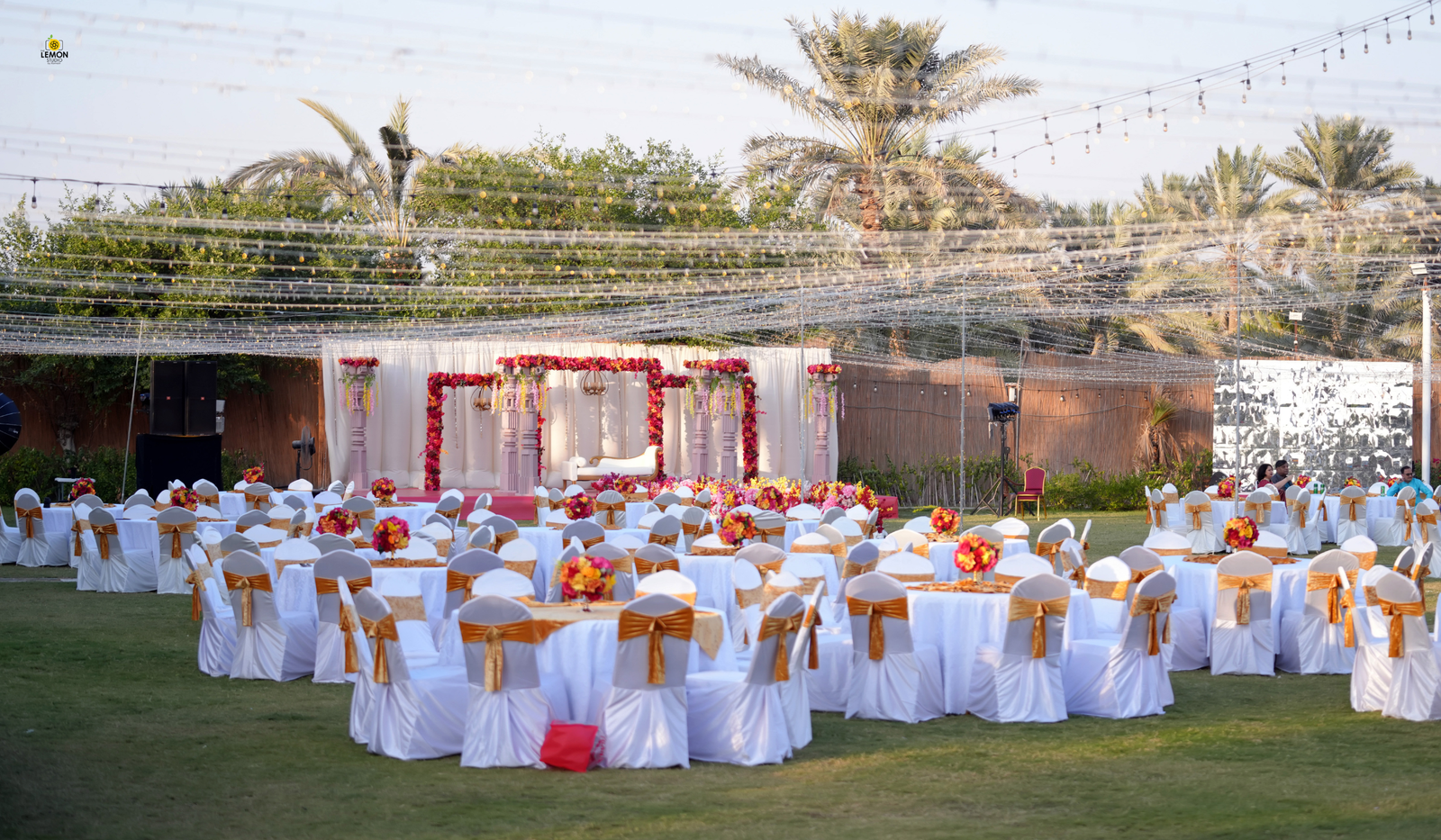 Elegant outdoor wedding seating at Aashiyana The Farm, Dubai