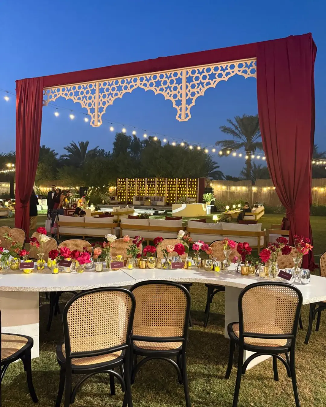 Outdoor farm event setup in Dubai with elegant décor and lighting