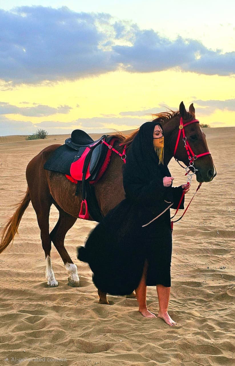 A serene desert photoshoot captured during sunset, featuring a model in a flowing white dress with a horse against vast golden sand dunes. The warm evening light creates a calm, cinematic atmosphere.